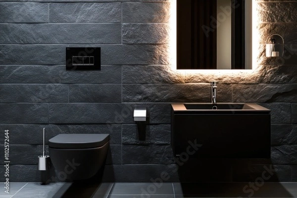 Obraz Minimalist black washroom with slate tiles, backlit mirror, and a hidden cistern toilet. Simple yet sophisticated.