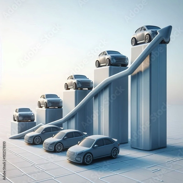 Obraz A creative 3D illustration featuring cars ascending a bar graph, symbolizing growth and success in the automotive industry. A concept of financial growth and car market trends. AI generated.