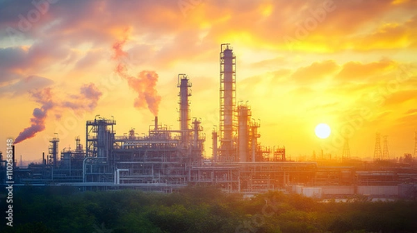 Fototapeta Industrial Refinery Silhouette at Sunset,  A Dramatic View of Oil Processing Towers and Smoke Plumes Against a Vibrant Sky.