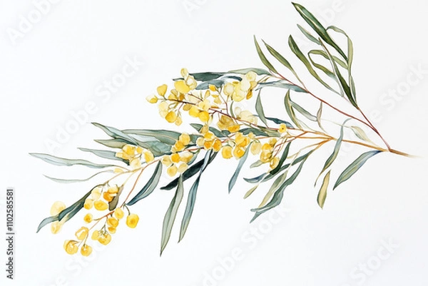 Fototapeta Yellow Australian Wattle Native Flowers Illustration Against White Background on a White or Clear Surface PNG Transparent Background