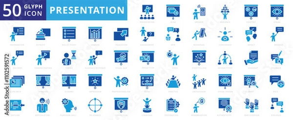 Fototapeta Presentation icon set of pitch, speaker, meeting, question, feedback, projection, confidence, impact, dialogue, articulation, storytelling, enthusiasm, charisma, alert, answer, audience, engagement