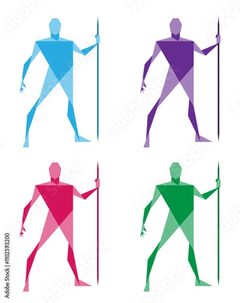 Fototapeta Man posing with javelin or spear. Geometric art graphic. Male human body gesture drawing. Figure silhouette. Vector illustration image.
