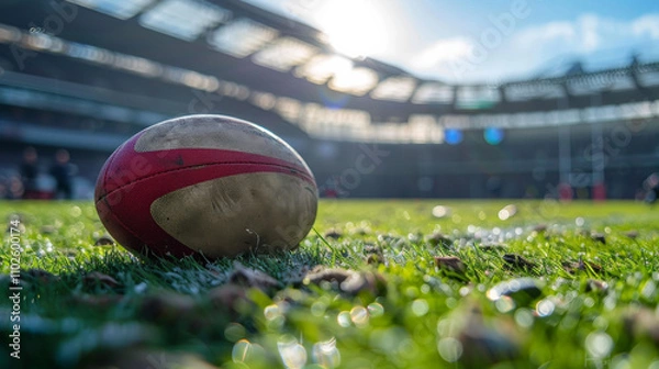 Obraz Rugby ball on pitch with a rugby posts and stadium in the background