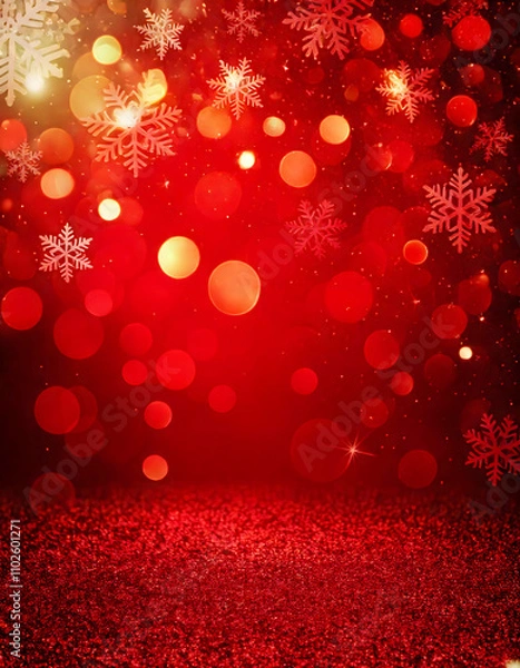 Obraz 雪の結晶や星、ボケで構成されたクリスマスの赤い背景