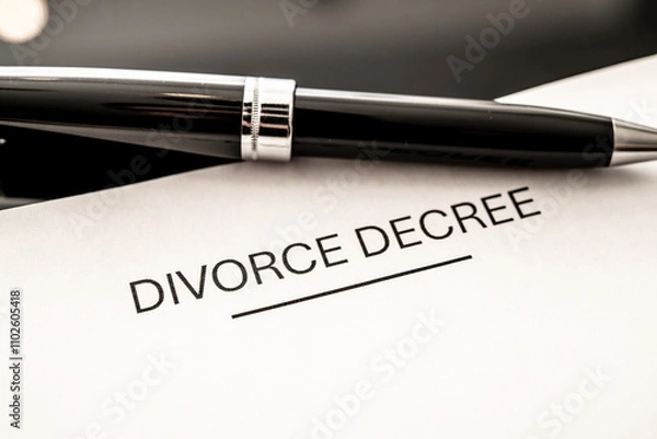 Fototapeta Legal Divorce Decree Document Close-Up with Fountain Pen, Representing Marital Separation and Legal Proceedings, Symbolizing Divorce Settlement and Finalization Process