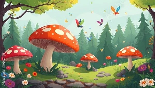 Obraz Magical mushroom forest with colorful butterflies