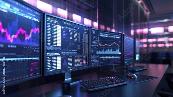 Obraz A modern financial trading room with multiple monitors displaying real-time data, stock charts, and analysis tools, set in a dark environment with pink ambient lighting. AI generated.