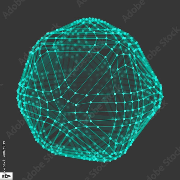 Fototapeta 3d Sphere. Global Digital Connections. Technology Concept. Vector Illustration. Wireframe Object with Lines and Dots.