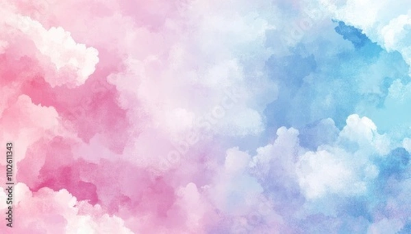 Fototapeta Cartoon Style Background with Pastel Color Clouds, Dreamy Sky, and Watercolor Effect in Pink and Blue Tones