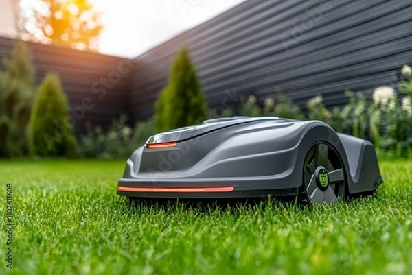Fototapeta A small robot is on a green lawn