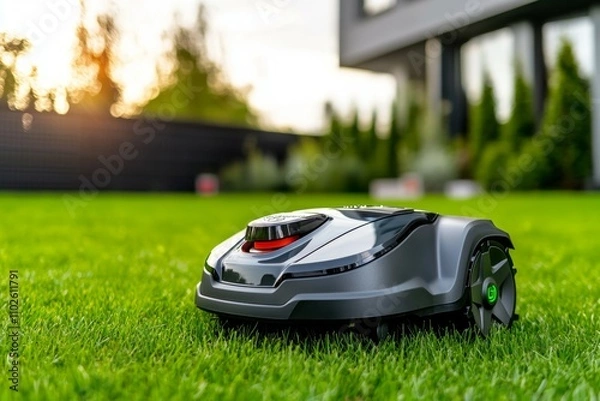 Fototapeta A small robot is on a green lawn