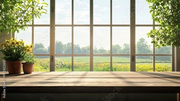 Fototapeta Bright Countryside View Through Large Windows in Cozy Wooden Interior