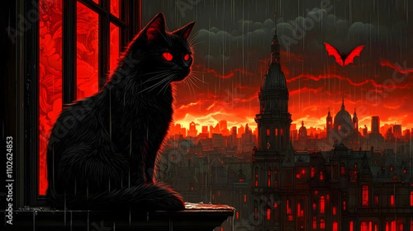 Fototapeta Rainy Cityscape Illustration: Black Cat Silhouette