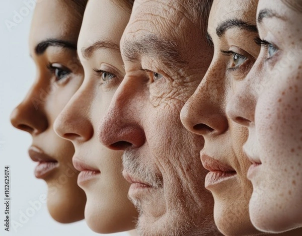 Obraz A series of images showing the evolution from young to old skin, with each step featuring an array of faces representing different ages and skin types.