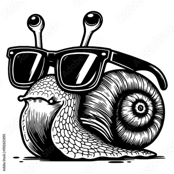 Fototapeta Snail wearing sunglasses in detailed black and white drawing style, on a white background.