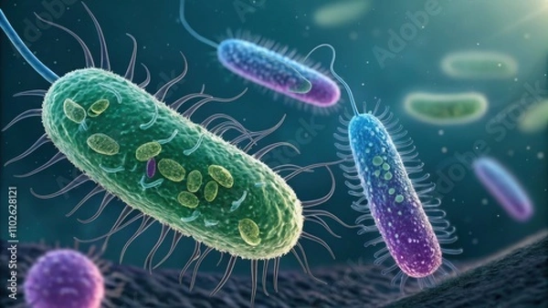 Fototapeta Detailed closeup imagery of bacterial cells under a microscope highlighting their unique structures adapted for plastic consumption.