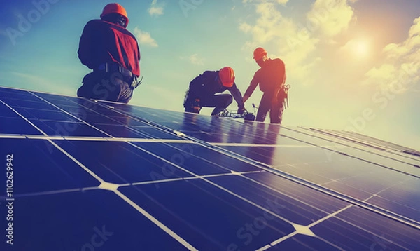 Fototapeta Workers installing solar panels under a bright sky.