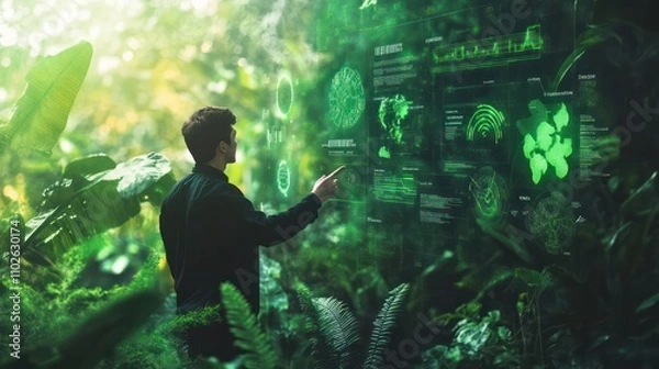Obraz A tech leader pitching futuristic solutions, set on a vibrant green environment for inspiration