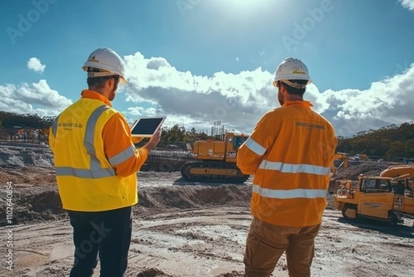 Obraz construction worker team Australians working on a job site, standing close together, working
