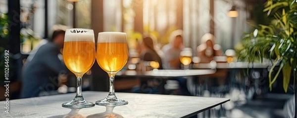 Fototapeta Two glasses of beer on a table with a blurred background of people and plants.