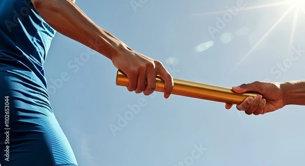 Fototapeta レース中にリレーのバトンを渡す男性ランナー2人、手のクローズアップ｜Two male runners passing relay baton during race, close-up of hands
