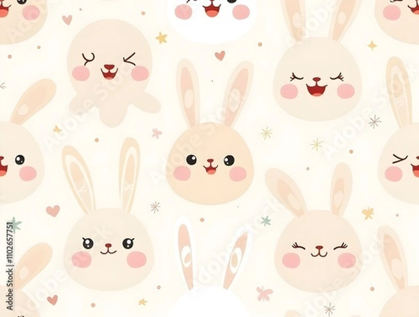 Fototapeta Cute baby rabbit face pattern wallpaper background. Generative ai