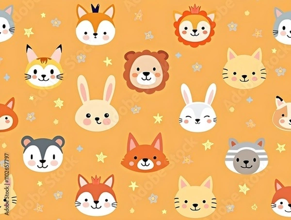 Fototapeta seamless pattern with funny baby animals face. Generative ai