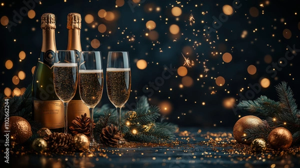 Obraz Sparkling New Year Celebration with Fireworks and Champagne