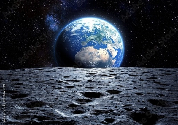 Fototapeta Earth from Lunar Surface with Craters and Stars in Vast Space