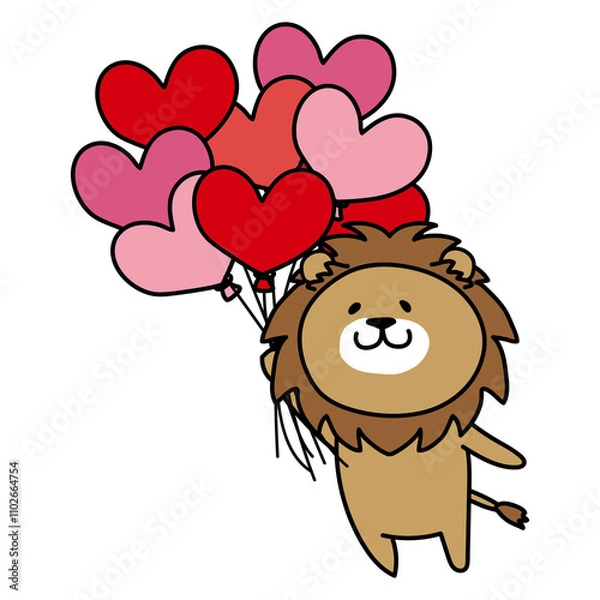 Obraz ハートの赤い風船の束を持っているライオン