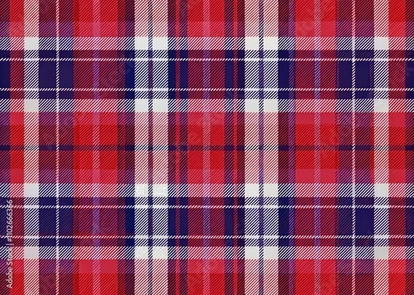 Fototapeta Navy Violet White Tartan Plaid Fabric Texture, Red Background, Seamless Stripe Pattern, Woven Textile,  High-Resolution Product Photography
