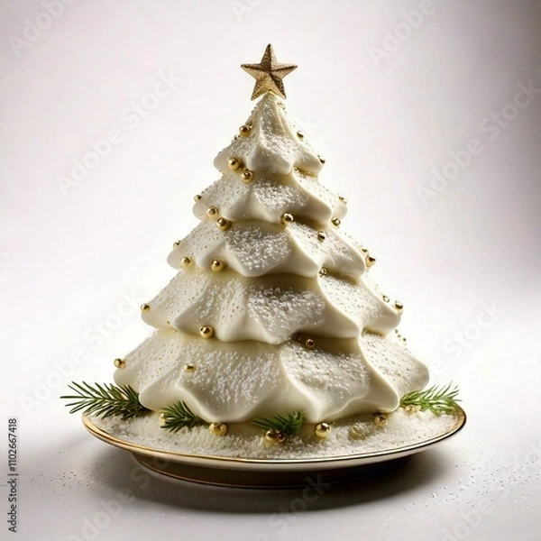 Obraz Elegant White Christmas Tree Cake with Gold Decorations - Isolated on White Background