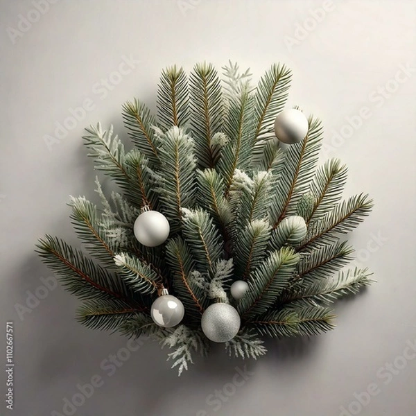 Obraz minimal elegant christmas pine decoration with white and silver ornament, isolated on white background 