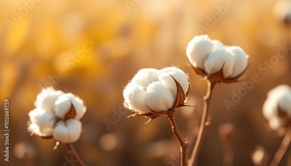 Fototapeta Soft cotton bolls in a field at sunset.