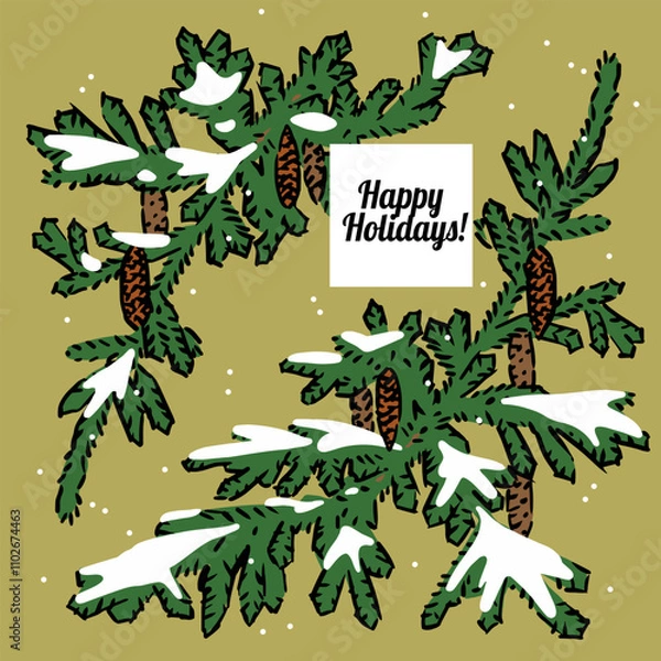 Obraz Fir branches, cones with snow. Winter, Christmas, New Year design elements with text framework. Vector greeting card
