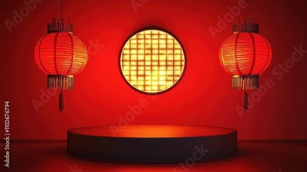 Obraz Red Lanterns Illuminate Circular Display Platform