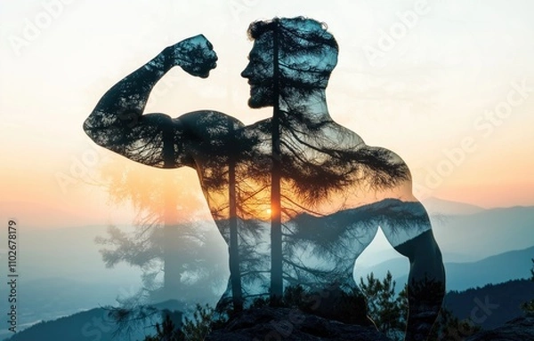 Fototapeta Muscular Man Exercising at Sunrise with arms raised, Smiling Silhouette against Mountain Backdrop. Embracing Healthy Lifestyle Theme.