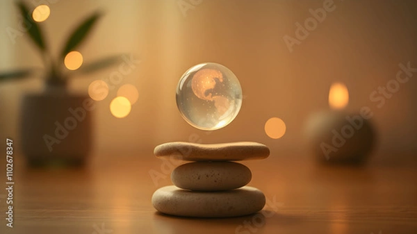 Obraz crystal ball or water drop on top of Stack rock glowing orbs symbolizing balance and serenity