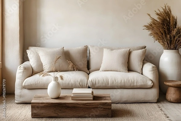 Fototapeta Minimalist Living Room with Neutral Tones Featuring a Cozy Sofa, Rustic Wooden Coffee Table, Decorative Vases, and Natural Elements Creating a Serene and Inviting Ambiance.