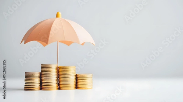 Fototapeta Stylized umbrella shading variety of coin stacks, symbolizing financial protection and savings. soft colors create calm and secure atmosphere