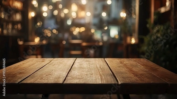 Fototapeta Empty wooden table in front of blurred cafe bar or restaurant. Abstract lights bokeh background, front view, free space for your product. 