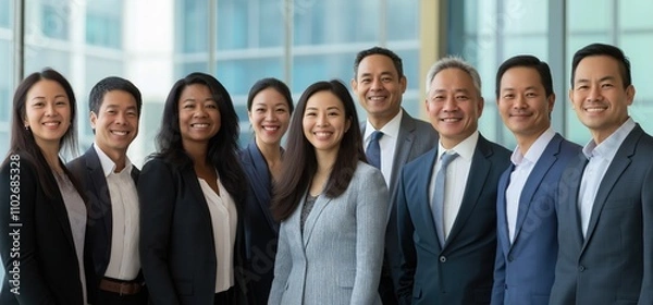 Fototapeta Diverse Business Professionals Smiling in Office with Light Blue Background and Bokeh Effect, Happy Team Collaboration and Communication