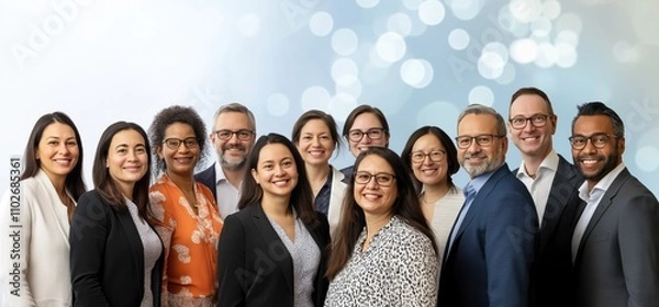 Fototapeta Diverse Business Professionals Smiling in Office with Light Blue Background and Bokeh Effect, Happy Team Collaboration and Communication