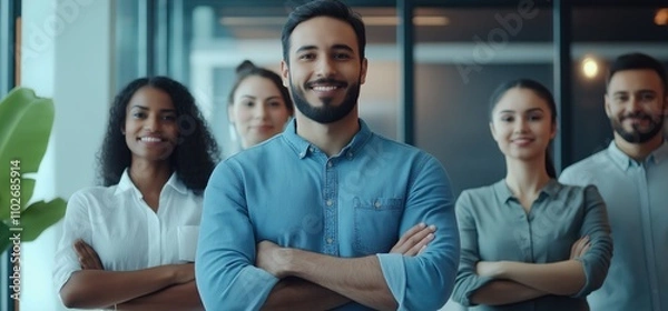 Fototapeta Diverse Business Professionals Smiling and Posed, Light Blue Background, Blurred Office Interior, Bright Lighting, Hyper-Realistic Happy Mood,