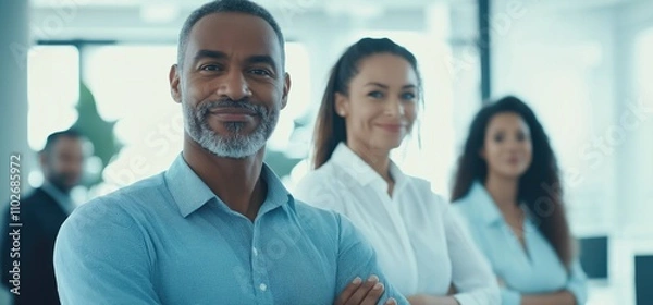 Obraz Diverse Business Professionals Smiling and Posed, Light Blue Background, Blurred Office Interior, Bright Lighting, Hyper-Realistic Happy Mood,
