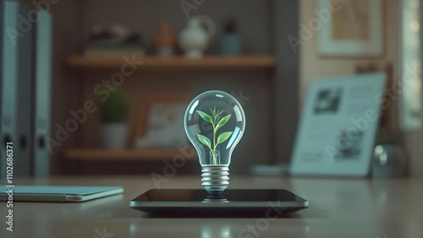 Obraz A sleek 3D hologram of a business idea Lightbulb with Plant Growing and Growth projected above a tablet in a futuristic workspace (1)