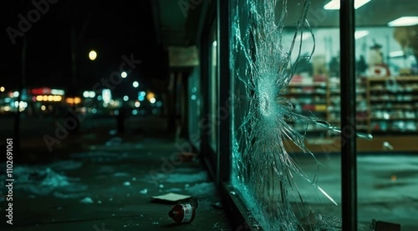 Obraz Nighttime urban chaos: Empty store with cracked window and shattered glass, dust-laden scene of destruction.
