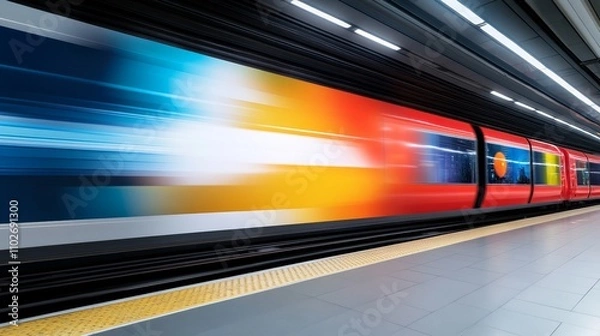 Fototapeta Colorful Train in Motion at Modern Subway Station