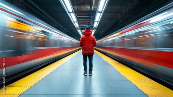 Fototapeta Person Waiting at Train Station with Motion Blur Effect