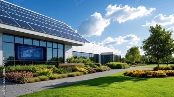 Fototapeta Exterior view of a modern solar powered corporate office building with a sleek architectural design
